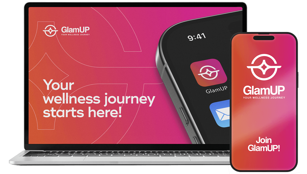 GlamUP app shown on laptop and phone devices